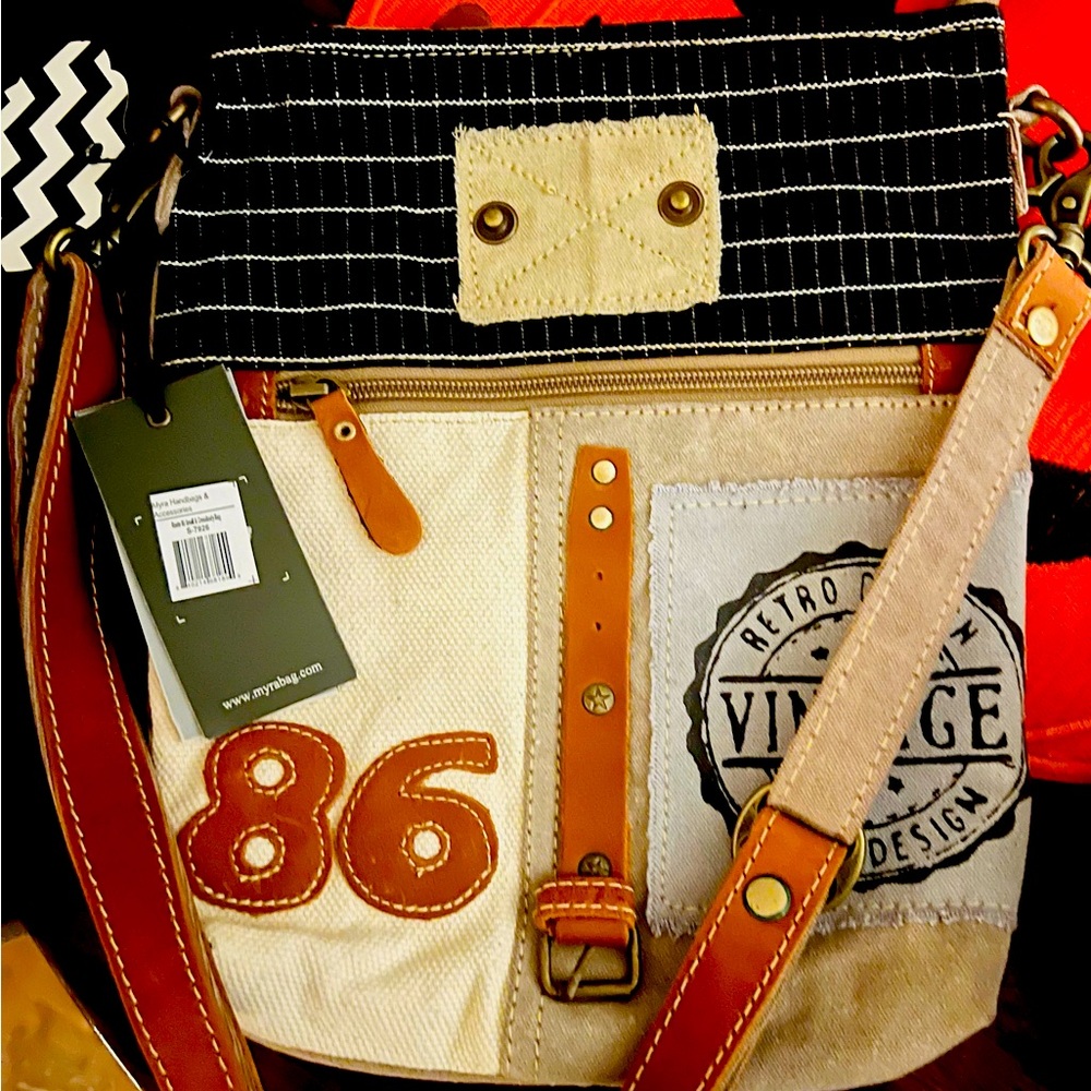 Myra Bag Tan and Black Crossbody with Vintage Patch